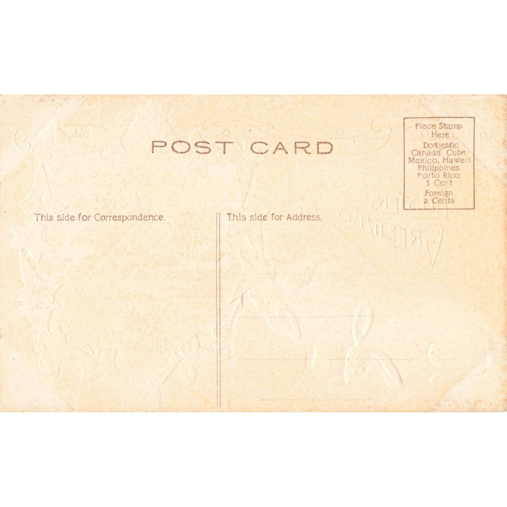 Vintage 1910 Easter Greetings Postcard Embossed Rabbits Gold Egg Ivy Landscape - Picture 2 of 2